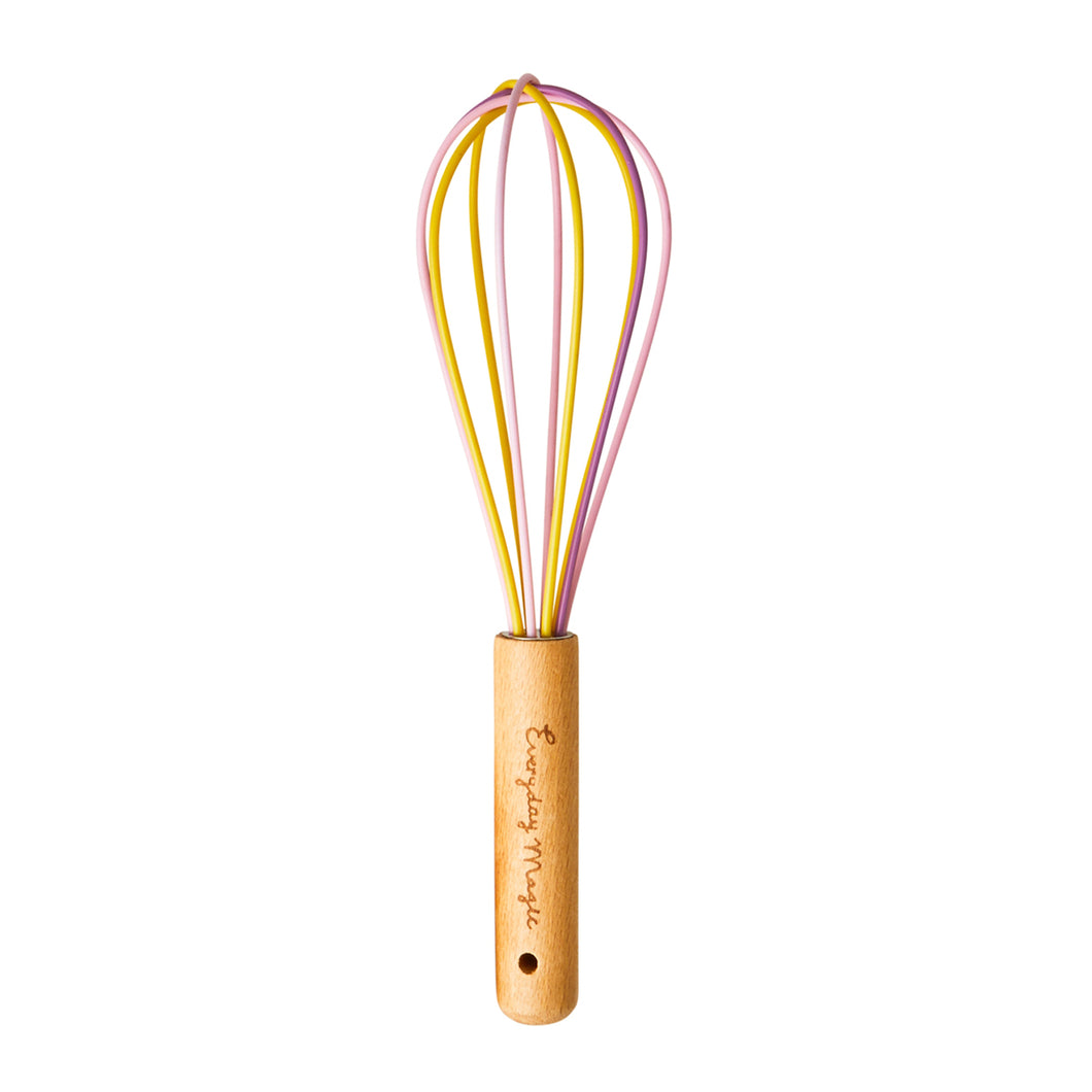 Rice Silicone Whisk in pink and yellow silicone and wooden handle